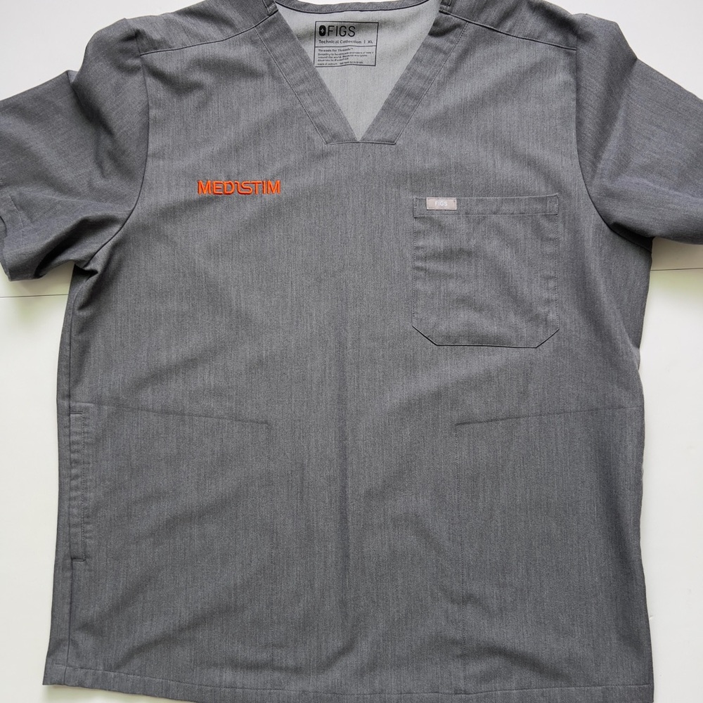 Figs Short Sleeve V-Neck Scrub Top - Gray with Orange MEDSTIM Embroidery - Picture 2 of 4